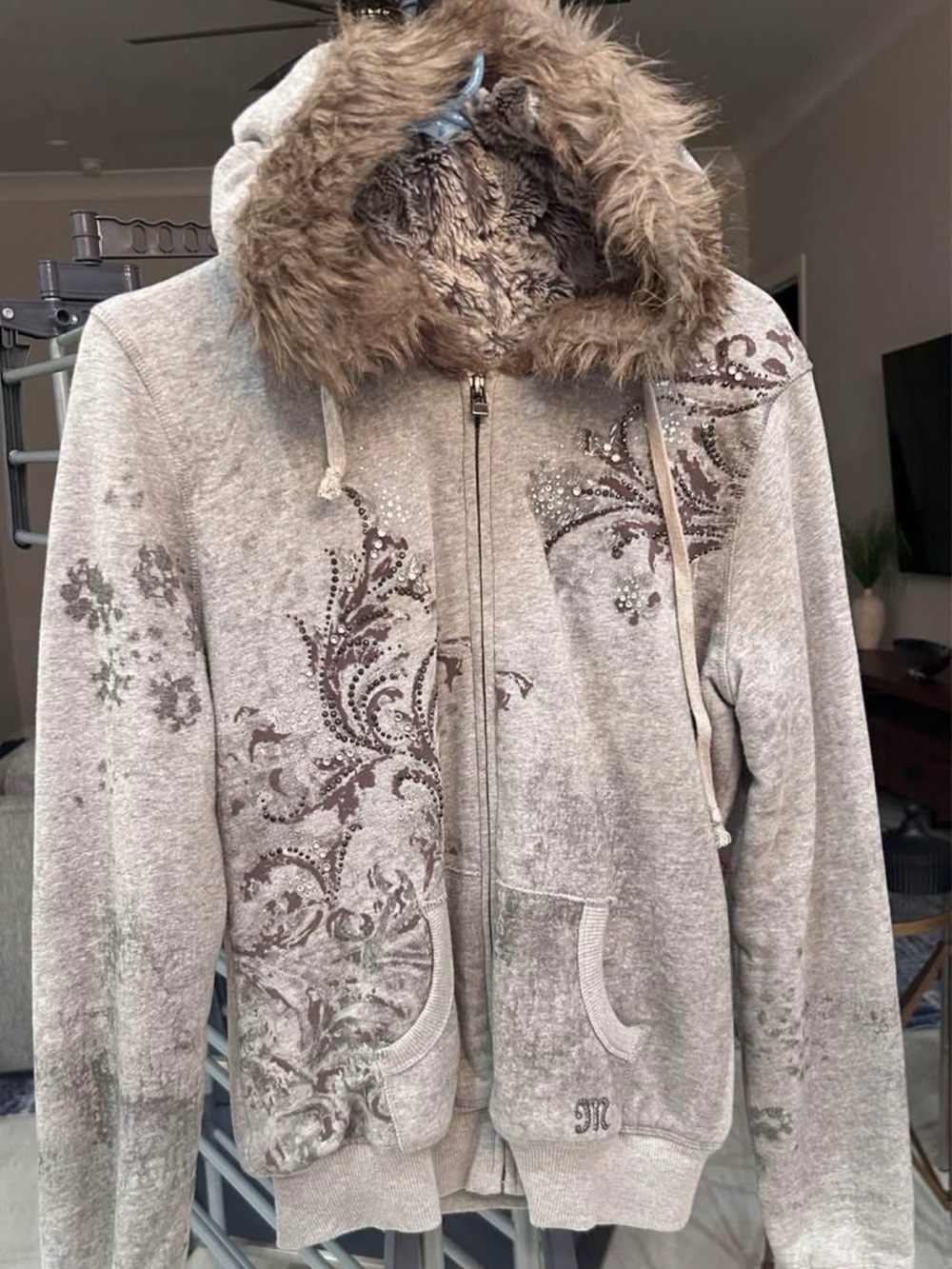 Miss Me- Women's Hooded Zip-Front Jacket with Faux-Fur Trim - gray